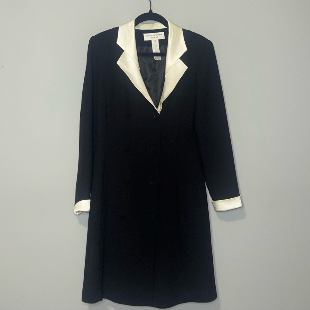 Jones New York Dress Womens 10 Black‎ Cream Satin Trim Tuxedo Double Breasted